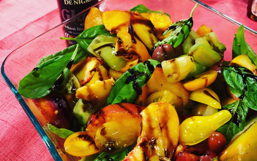 Tomato, Peach and Basil Salad with Balsamic Vinegar Drizzle